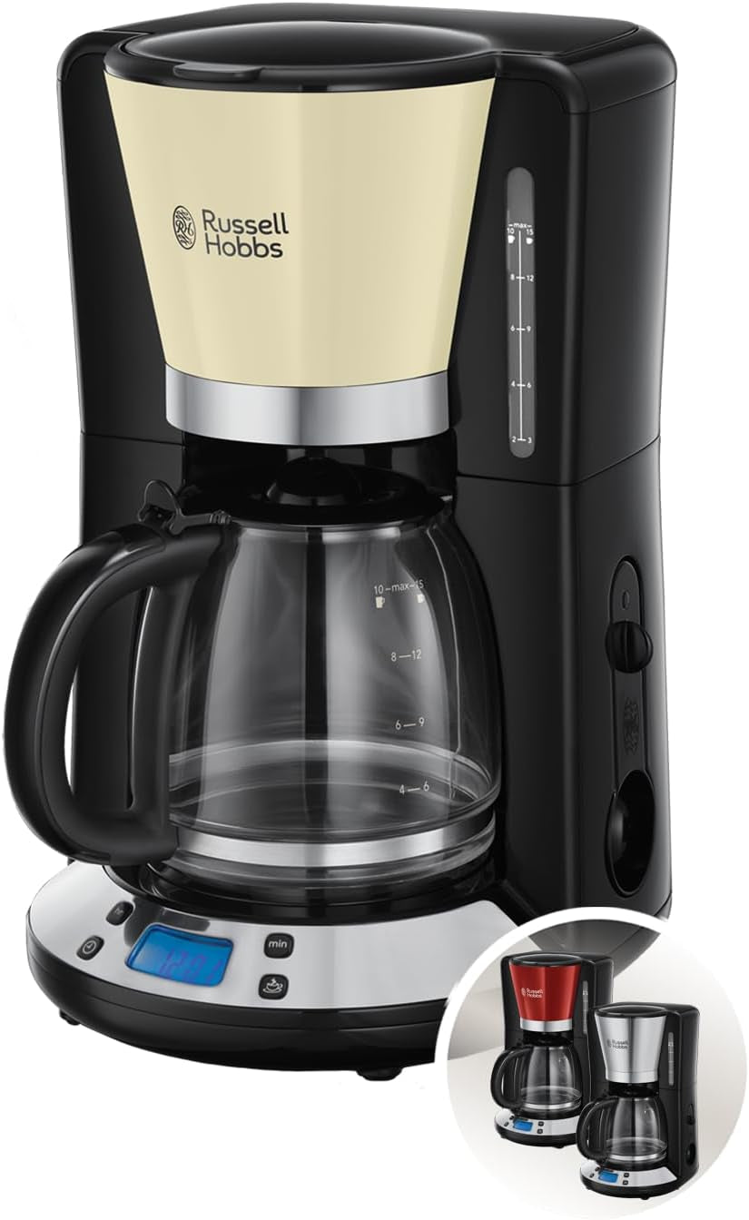 Russell Hobbs kaffebryggare [Digital timer, duschhuvud för optimal extraktion och arom] Färger+ Kräm (1 till 10 koppar, 1,25 L glaskaraff, värmeplatta, 1100W) Filterkaffebryggare 24033-56