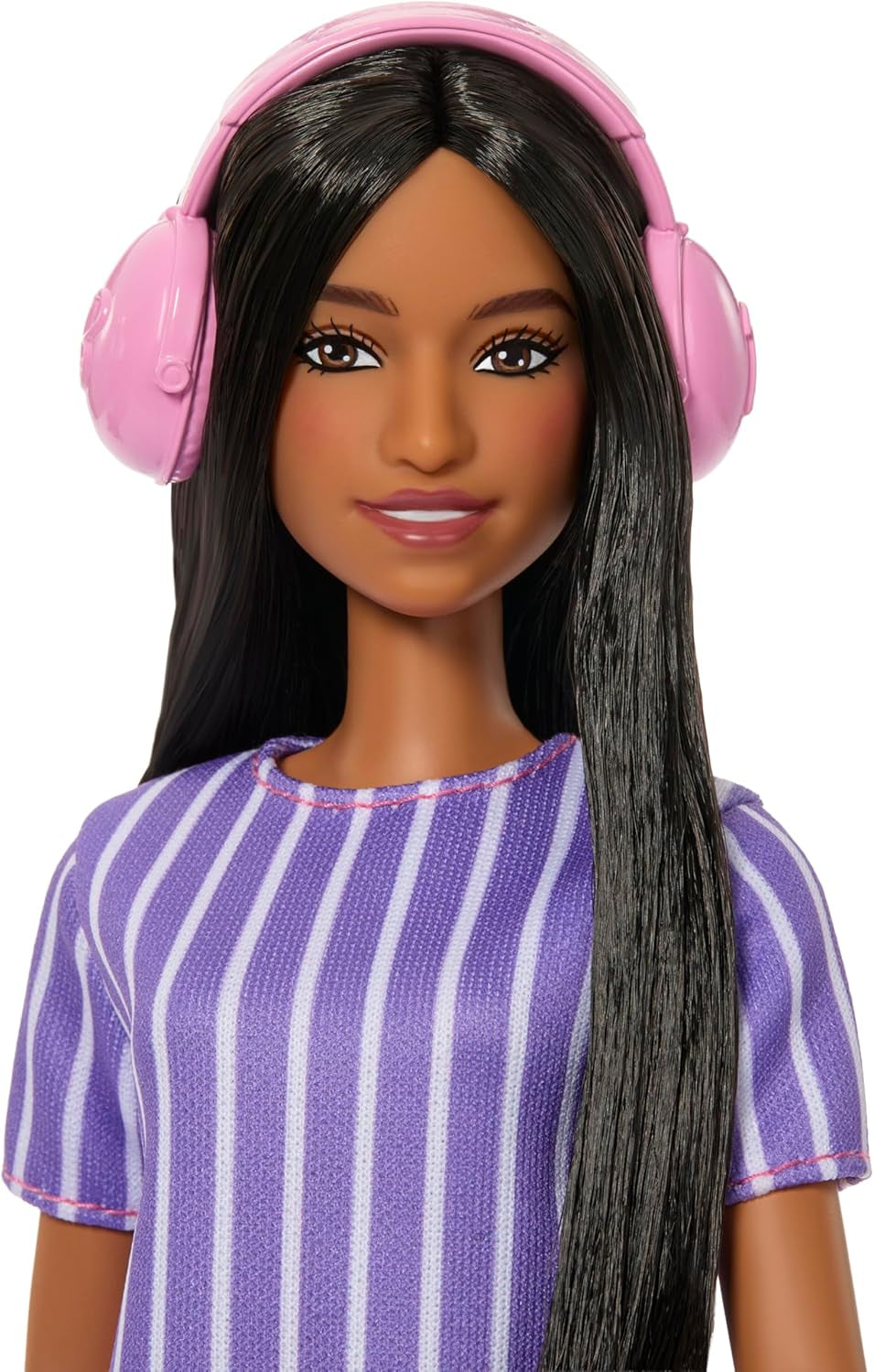 Barbie Fashionistas docka nr. 245, autistisk docka med lila randig klänning och tillbehör som fidget spinner, surfplatta och hörlurar, JJN58