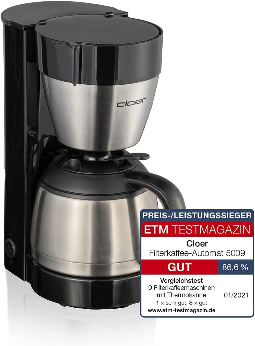 Cloer 5009 Håll varmt filter Espressomaskin för upp till 8 koppar 800W med isolerad rostfri stålkaraff 1x4 filterkopp svart