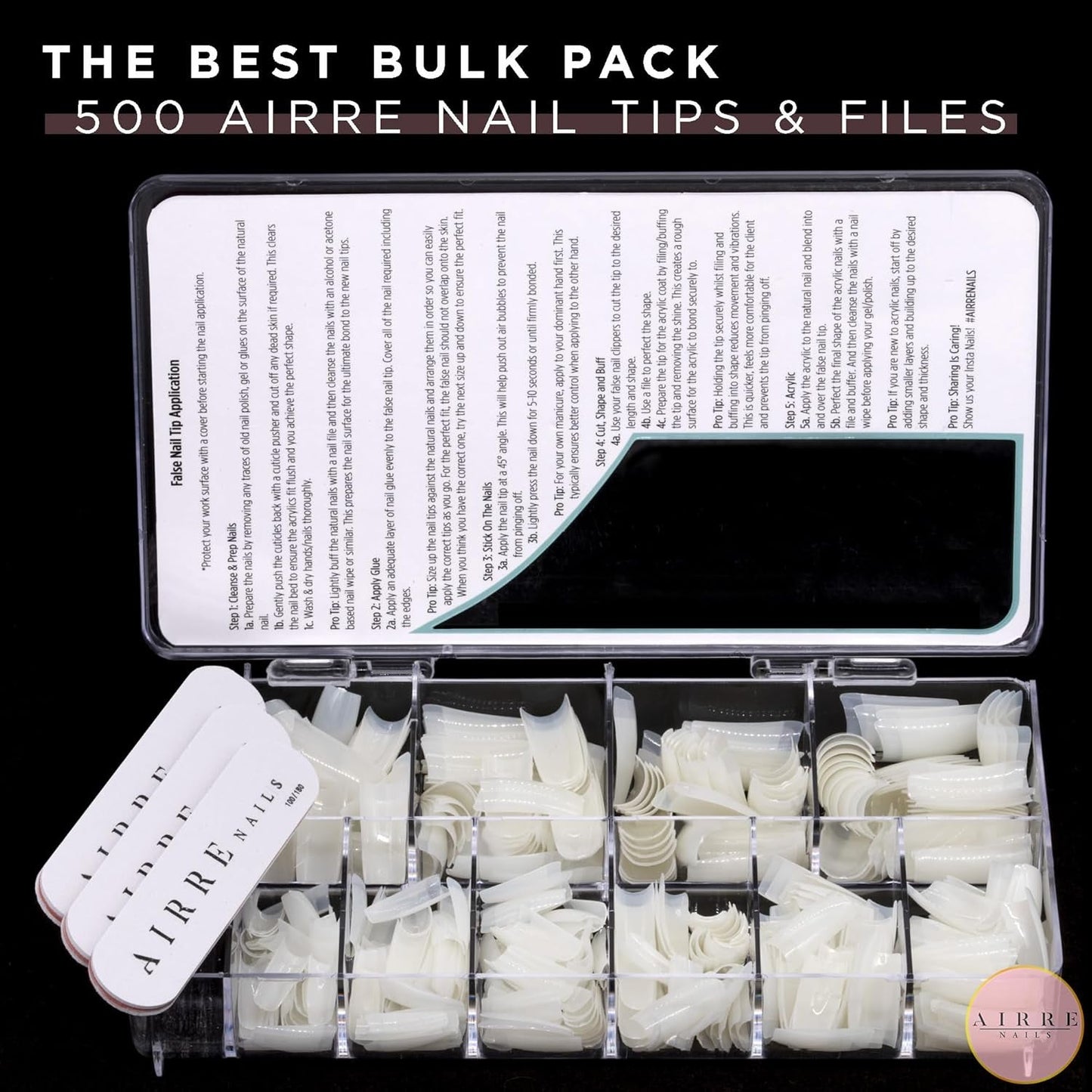 AIRRE 500 Professional Gel Nails & 3 Filer per Box - (10 storlekar) Franska Half Moon False Nails, Salong & Hembruk, Klippning, Filning & Formning, UV/LED Gel, Nagellack & Nail Art (Natural)
