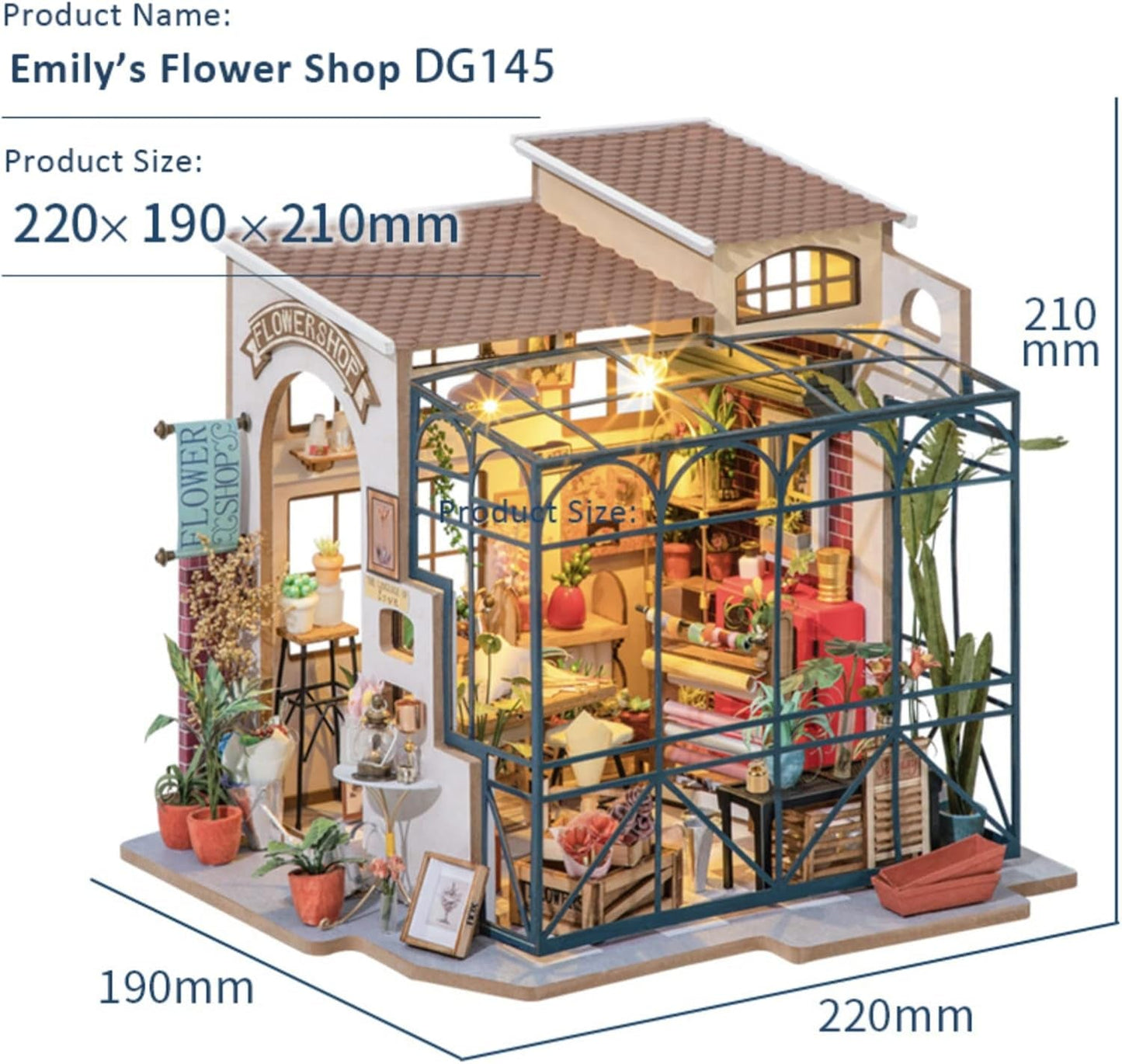 Robotime DG145 Rolife Emily's Flower Shop Miniatyr dockhus Tillverkat av trä, metall, tyg och kartong, Mått: 22 X 15 X 17 Cm, Naty Shop dockhus