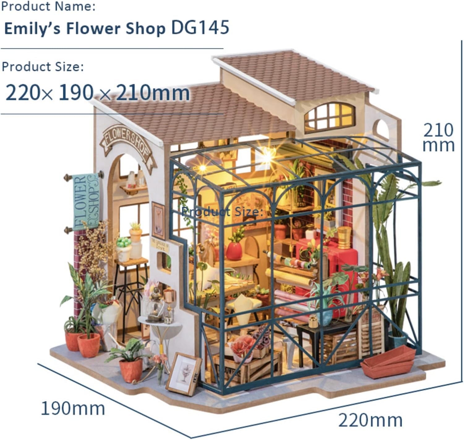 Robotime DG145 Rolife Emily's Flower Shop Miniatyr dockhus Tillverkat av trä, metall, tyg och kartong, Mått: 22 X 15 X 17 Cm, Naty Shop dockhus