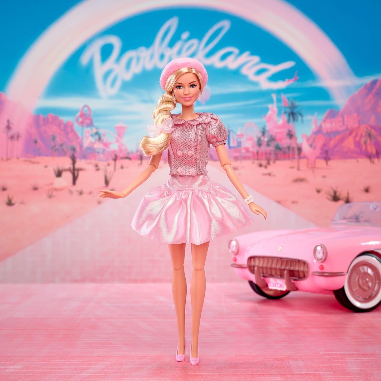 Barbie Filmen baserad på filmen Margot Robbie som Barbie samlarfigur i rosa blus och tyllkjol med stiliserad frisyr och matchande smycken JBJ53