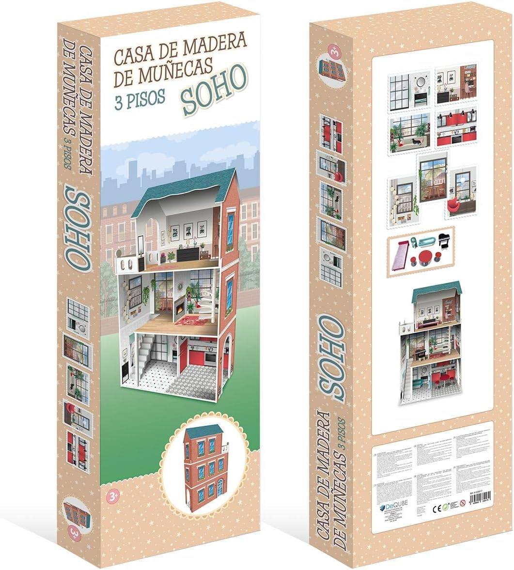 Soho-Madera design 3-vånings dockhus med 8 möbler, mått 120 x 33 x 75 cm (913D00181)