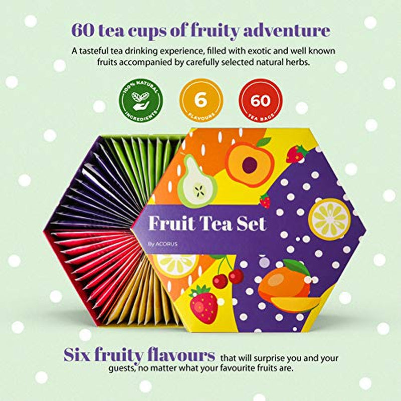ACORUS | Lyxig fruktte-servis | Presentset med naturliga teer i 6 smaker | Örtteer, fruktteer | Sortiment av teer | Telåda med 60 tepåsar