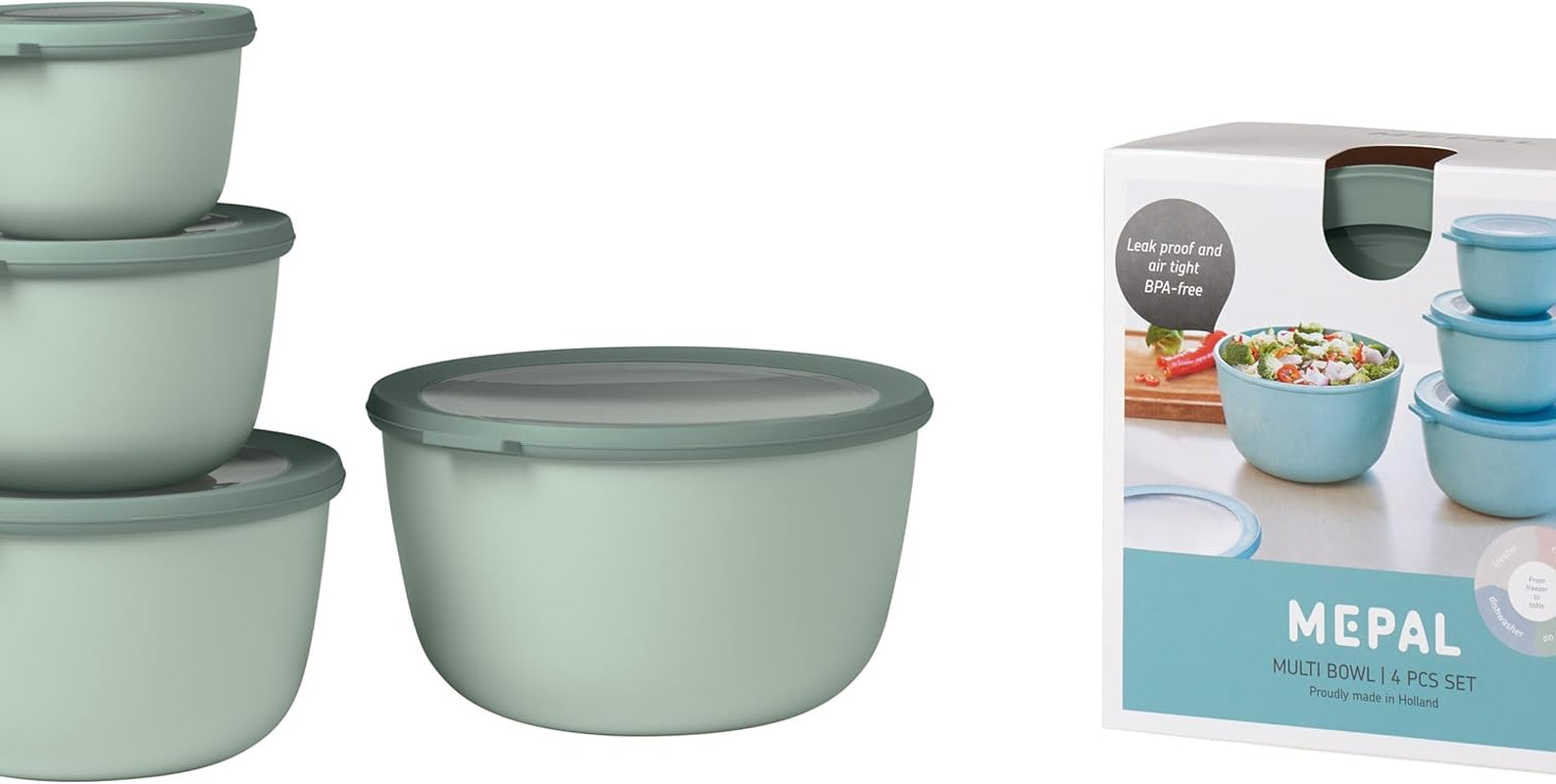 Mepal - Multiskål Cirqula Rund 4-delad set - Förvaringsburkar med lock - Lämplig som förvaringsbox, kyl, frys och mikrovågsugn - 500, 1000, 2000, & 3000 ml - Nordisk salvia Matförvaringslådor Naty Shop Standardtitel