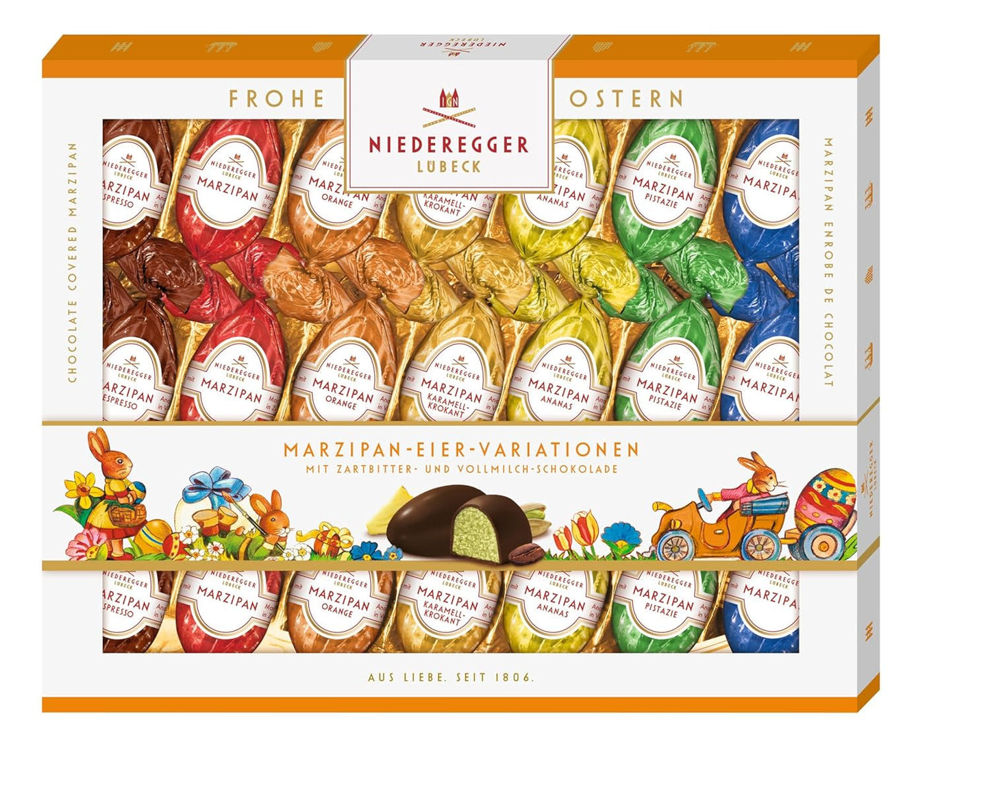 Niederegger | Marsipanägg | 1 x 262g | Varianter: Classic, Mjölkchoklad, Apelsin, Caramel Crunch, Ananas, Espresso och Pistage | Täckt med mörk och mjölkchoklad | påskgåva