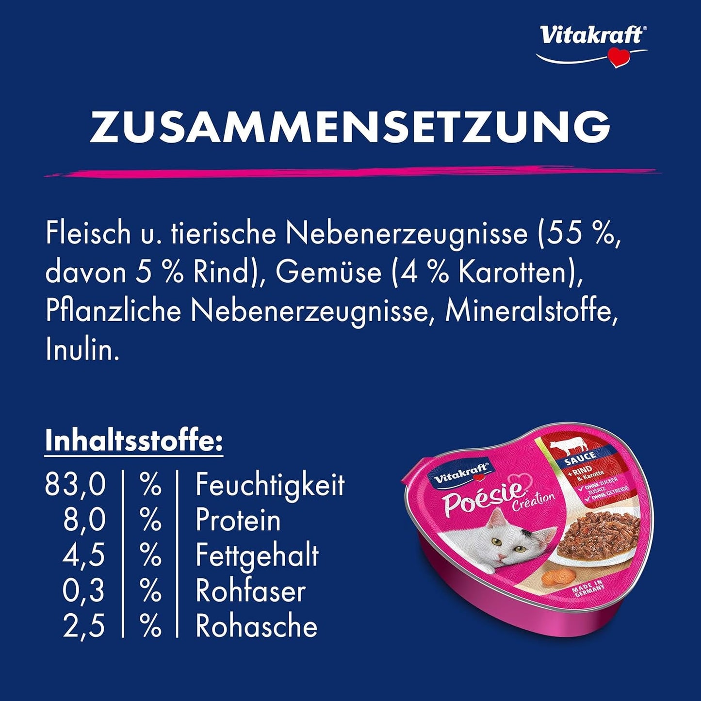 Vitakraft Poésie Création, våt kattmat, våtfoder i sås, med nötkött och morot, bulkförpackning, utan tillsatt socker eller spannmål (15 x 85g)