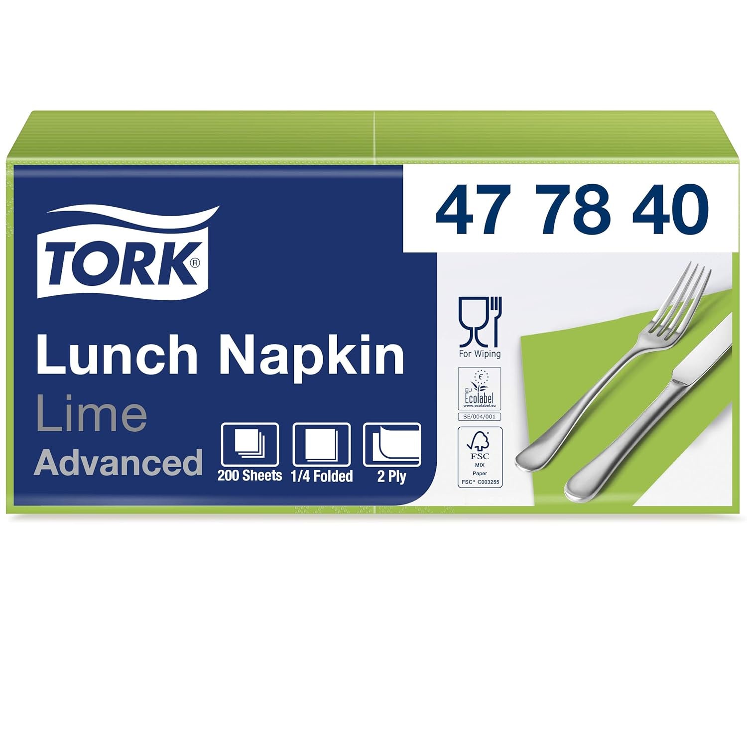 Tork 477840 Lime Lunchservetter / 2-lagers servetter för små måltider eller mellanmål / Avancerad kvalitet / 10 X 200 (2000) pappersservetter / 32,6 X 33 Cm (L X B) / 1/4 vikning