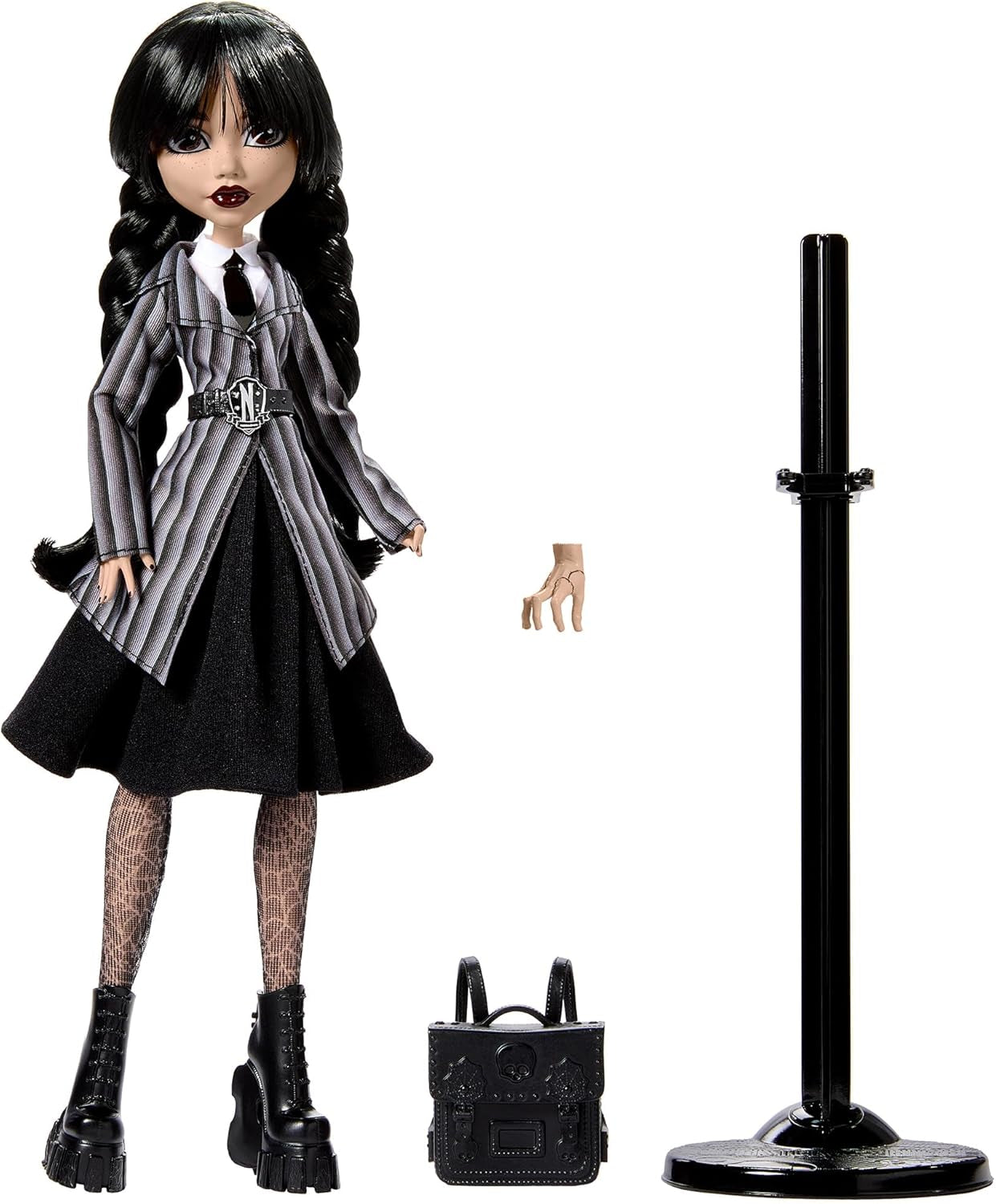 Monster High onsdagsdocka och tillbehör onsdag Addams samlarfigur i Nevermore Academy Uniform med iskall hand och ryggsäck dockställ HXJ04 Naty Shop Dolls
