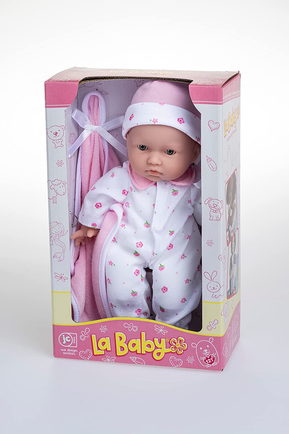 JC Toys La Baby Caucasian Baby Doll Set - 28 cm mjuk tvättbar docka, avtagbar rosa outfit med hatt, filt och napp, för 12 månader och uppåt Dockor Naty Shop