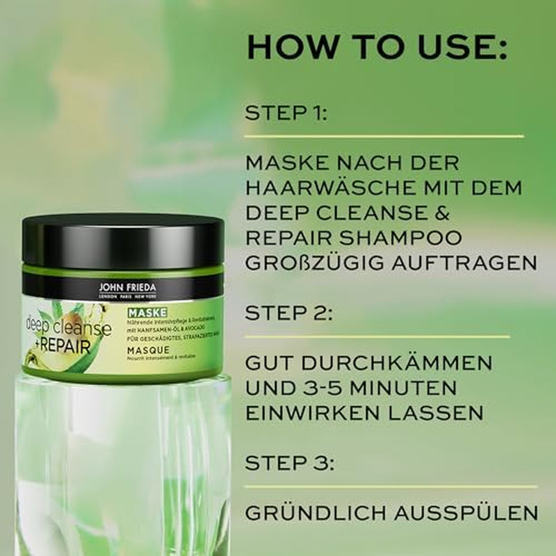 John Frieda - Deep Cleanse & Repair Mask / Treatment - Innehåll: 250 ml - Med hampfröolja + närande avokado - Lugnande hårmask för skadat hår Naty Shop hårmask
