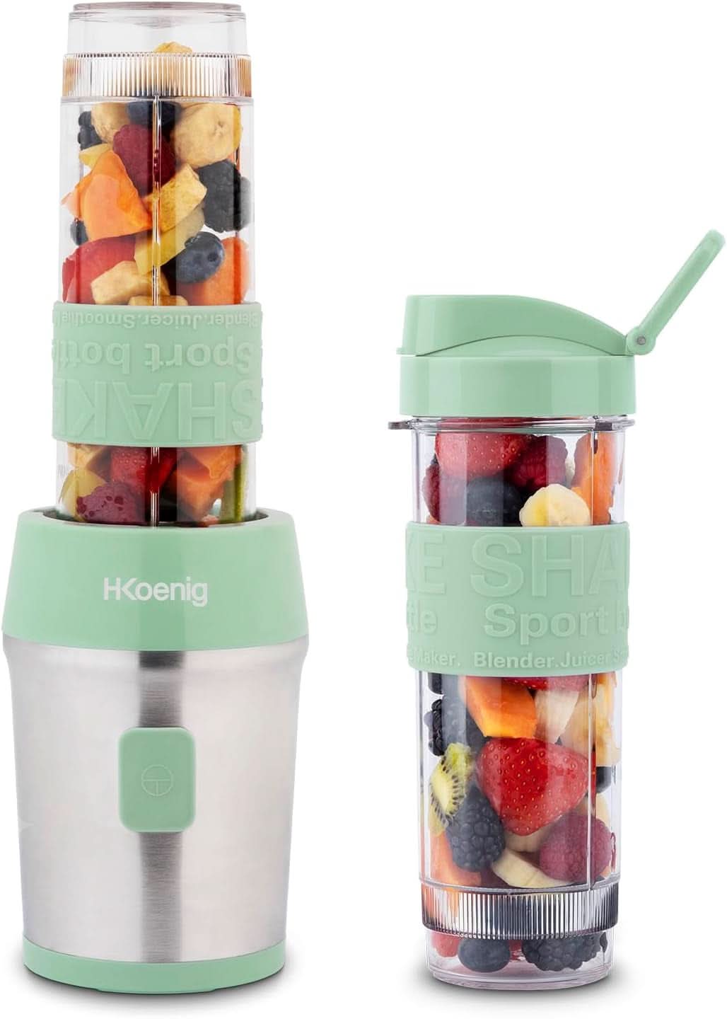 H.Koenig Smoothie Maker SMOO9 - Mini Standmixer - Mini Mixer - 300 Watt - 570 Ml - Edelstahl - 2 Kunststoffflaschen - Bpa-Frei, Grau Kitchen Naty Shop Pastellgrün