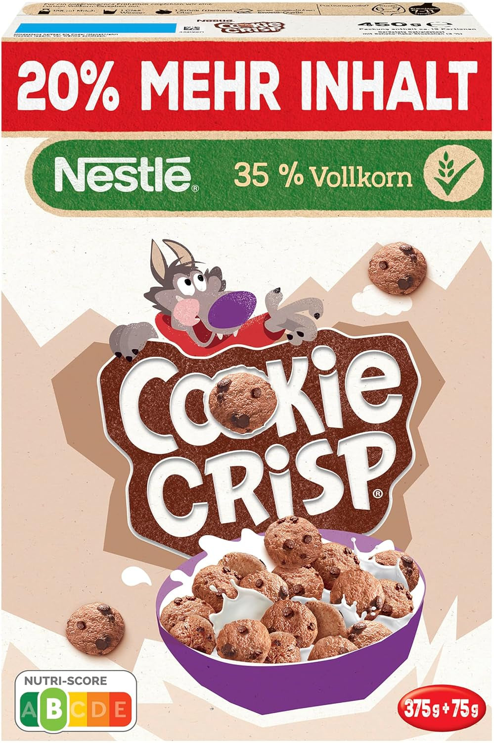Nestlé Cookie Crisp (+20%), fullkornsfrukostkexflingor för barn, förpackning om 1 (1x450g)