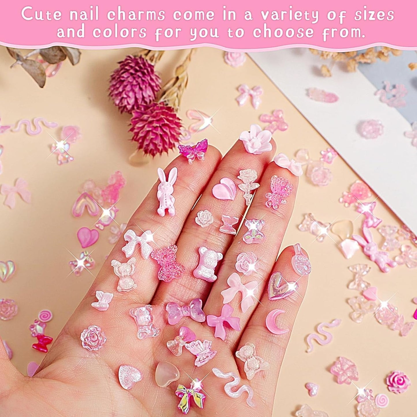 200 bitar Nail Art Charms 3D Nail Art dekorationsset Rosett Nagelhänge Rosa blandad stil Rosett Blomma Nalle Lollipop Hjärtaform Nagelkonstdekoration DIY Craft Nageldesign