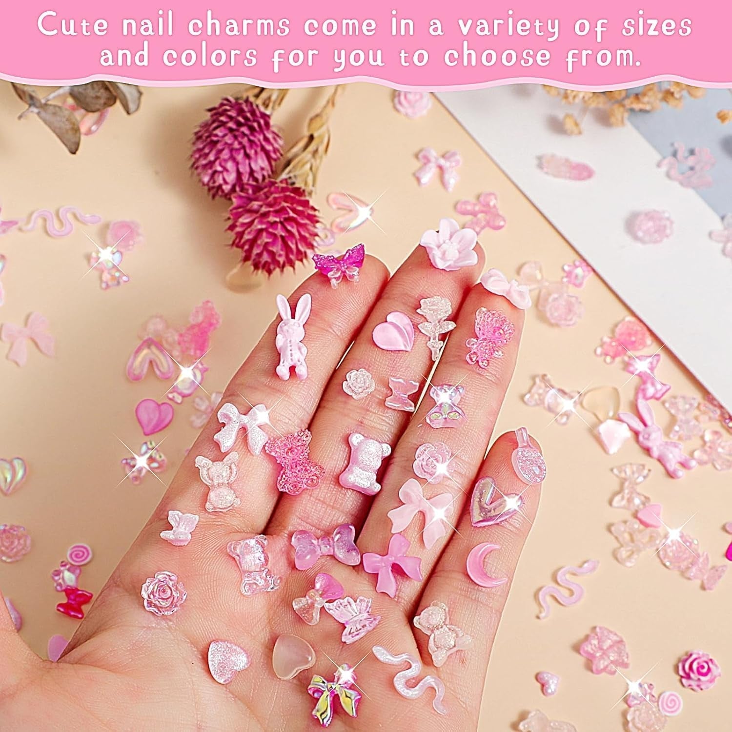 200 bitar Nail Art Charms 3D Nail Art dekorationsset Rosett Nagelhänge Rosa blandad stil Rosett Blomma Nalle Lollipop Hjärtaform Nagelkonstdekoration DIY Craft Nageldesign