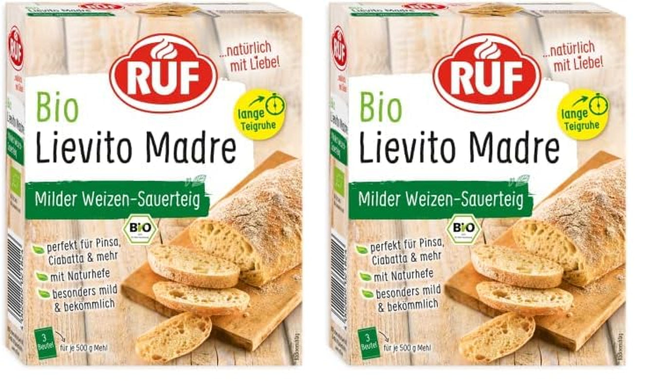 RUF Lievito Madre Sauerteig, Milder Weizen-Sauerteig, Mutterteig, Kurze Teigruhe Durch Enthaltene Trockenhefe, Lievito Madre Getrocknet Für Brot, Baguette, Focaccia, 3X35G Blandning för bakning och matlagning Naty Shop 105 G (2Er Pack) Lange