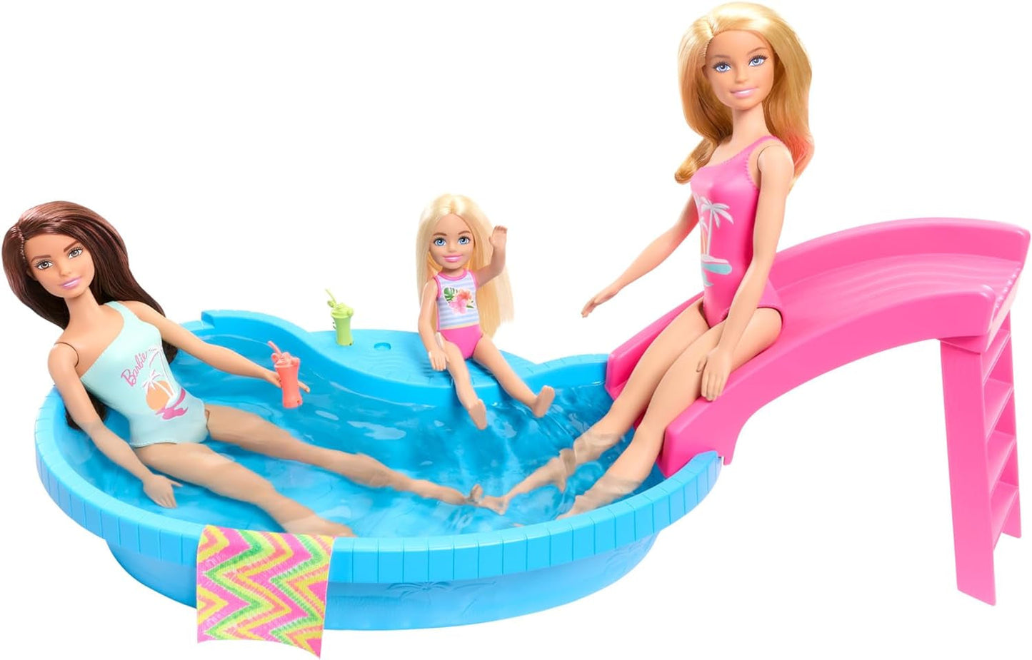 Barbiedocka och tillbehör - pool med rutschkana och tillbehör för timmar av nöje i solen, rosa baddräkt med tropisk design, för barn från 3 år, HRJ74 Naty Shop Dollhouses