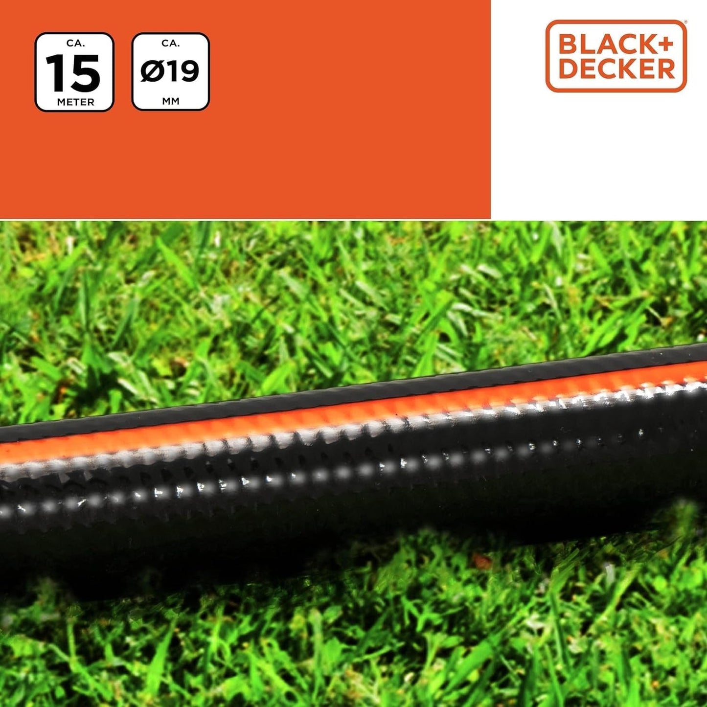 BLACK+DECKER Trädgårdsslang 15 meter - Ø19MM - Slitstark PVC - Vattna trädgården, tvätta bilen, fylla poolen - Kompatibel med alla vanliga kranar - Svart/Orange