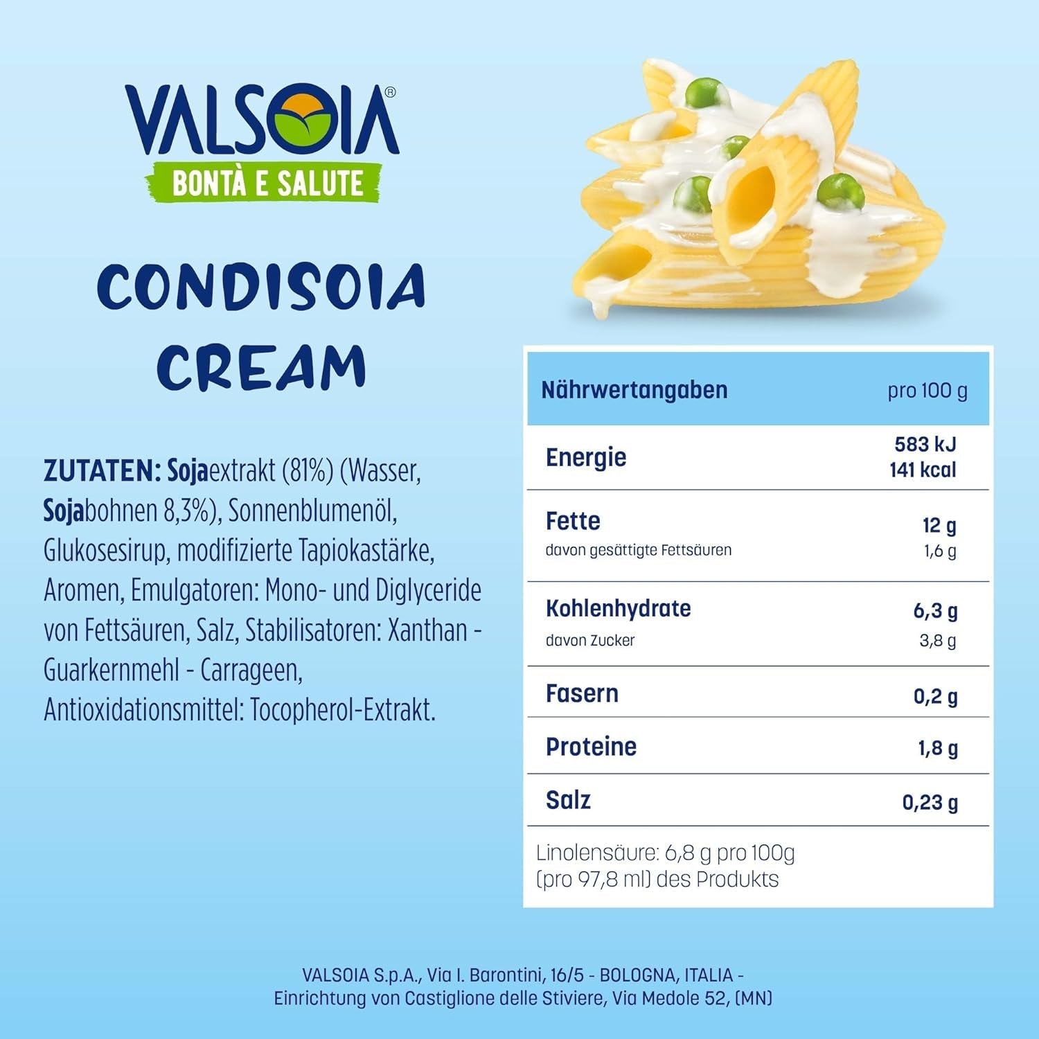Condisoia grädde, idealisk matlagningsgrädde för personer med laktosintolerans, veganer och vegetarianer, mångsidig i köket, 6 x 200 g