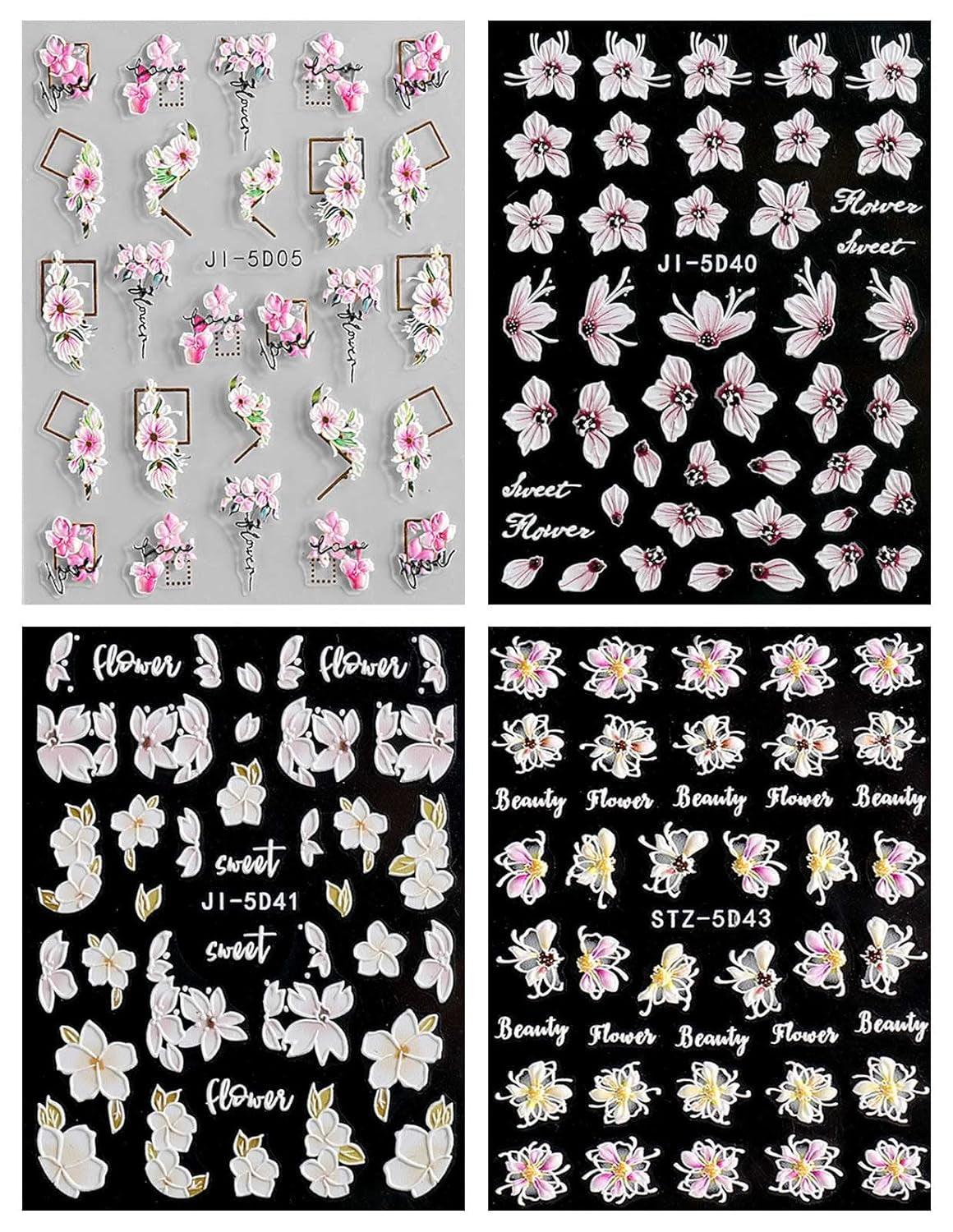 JMEOWIO 3D Nagelsticker Frühling Blume Nail Art Sticker Selbstklebend Nagelaufkleber 5D Stereoskopisk Buntes Sommer Blumen Dekoration Nageldesign Zubehör 4 Blatt