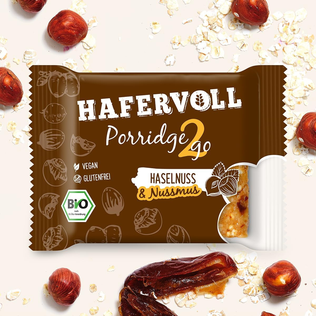 Hafervoll Porridge2go jordnötssmör och nötter, 13 barer x 55 g - vegansk, ekologisk, glutenfri, utan tillsatt socker mellanmål, med havre, dadlar och quinoagodis