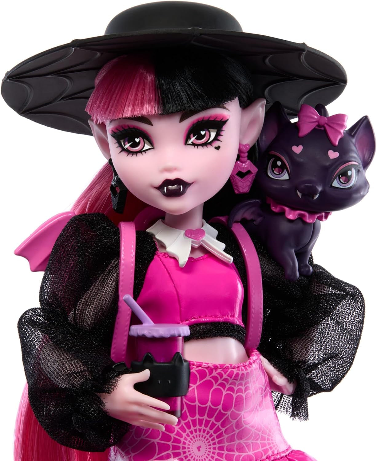 Monster High Draculaura-docka med sitt husdjur, fladdermuskatten, Count Fabulous och tillbehör som en ryggsäck, en trollformelbok, en bento-box och mer, HRP64