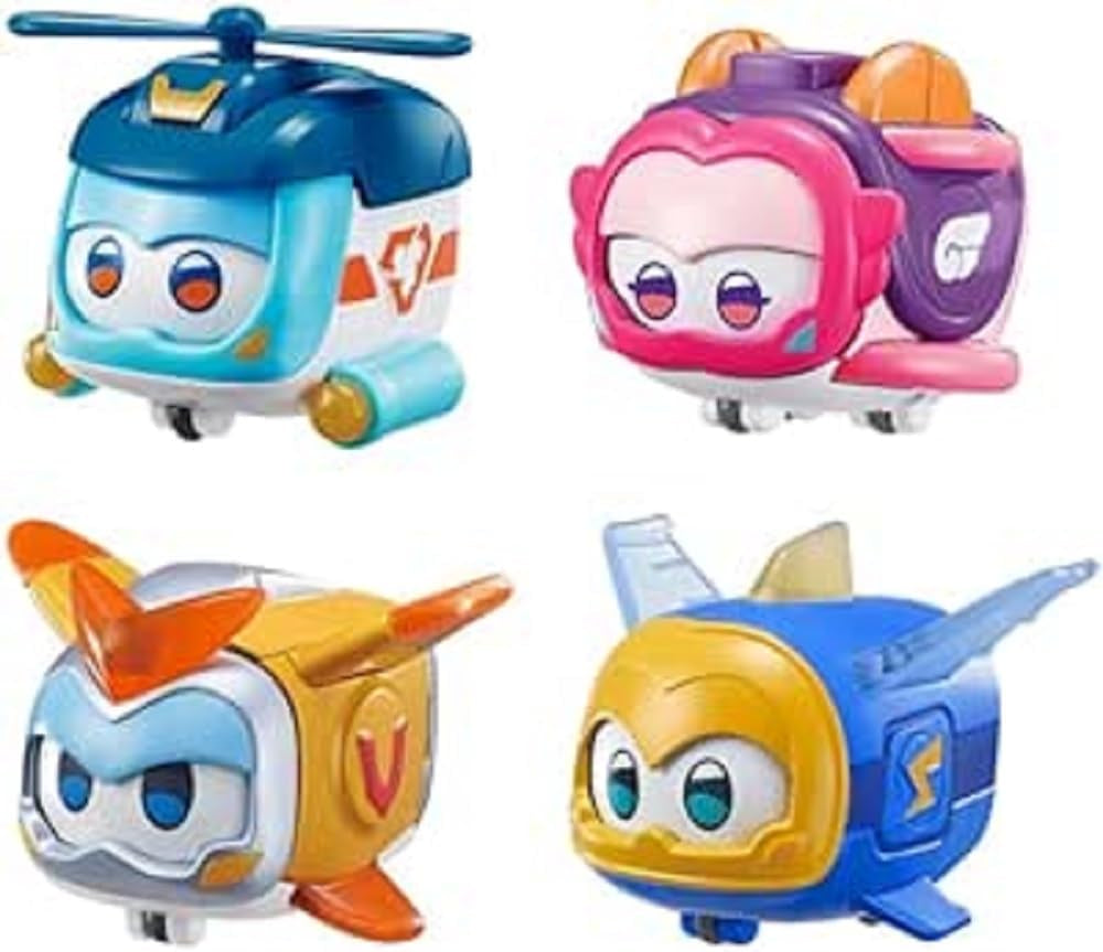 Super Wings Super Pets 4 ST Shine, Golden Boy, Jerome, Ellie Switchable Ansiktsuttryck Blixteffekt Bärbar leksak för 3 4 5 6 7 8 Years Old Boy Girl 2 Inch Actionfigurer Naty Shop 4 Pack A
