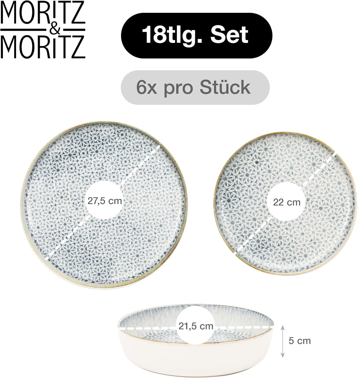 Moritz & Moritz ALHAMBRA servisset för 6, 18 delar, högkvalitativt porslin - modernt blått servis - lättskött set med 6 mattallrikar, 6 desserttallrikar och 6 skålar