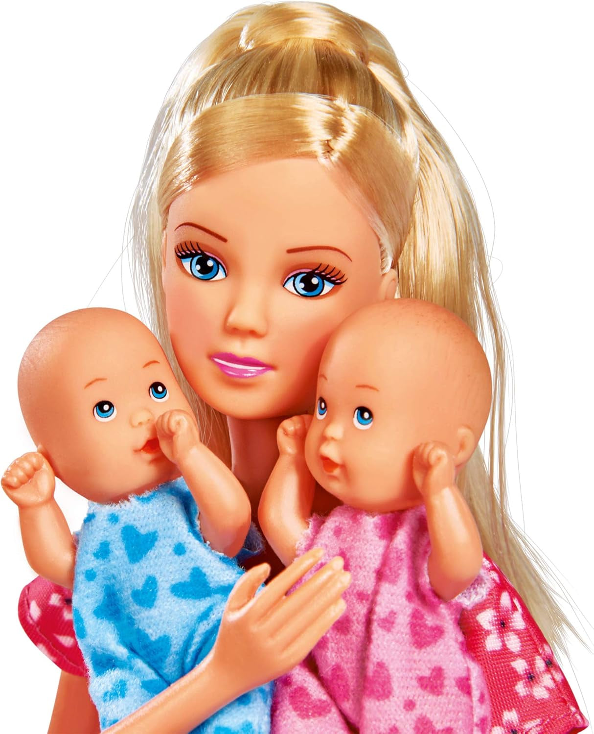 Simba 105730211 - Steffi Love Nanny, med två bebisar, bärsele och bilbarnstol, tillbehör, påklädningsdocka, 29 cm, för barn från 3 år och uppåt