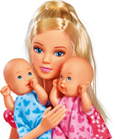 Simba 105730211 - Steffi Love Nanny, med två bebisar, bärsele och bilbarnstol, tillbehör, påklädningsdocka, 29 cm, för barn från 3 år och uppåt