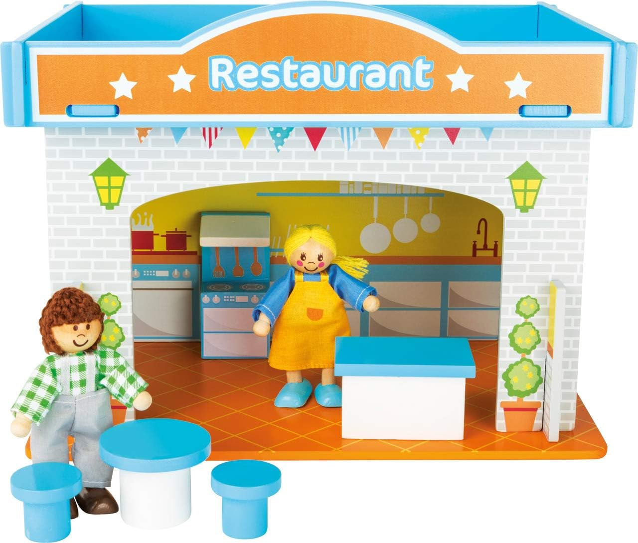 Small Foot 10852 Playhouse Restaurant Tillverkad av trä, Med 2 dockfigurer, tillbehör och avtagbart tak, Från 3 år Dockhus Naty Shop Restaurant