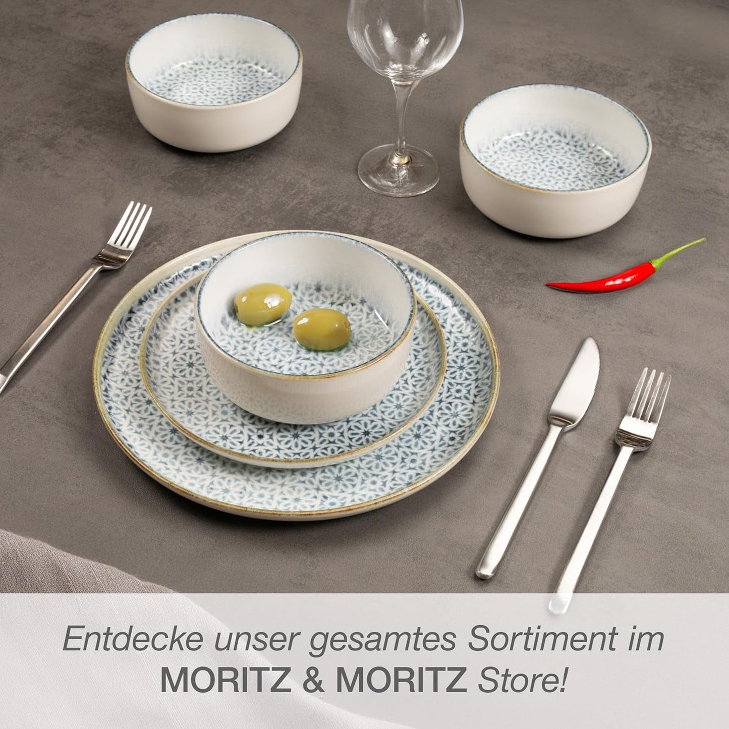 Moritz & Moritz ALHAMBRA servisset för 6, 18 delar, högkvalitativt porslin - modernt blått servis - lättskött set med 6 mattallrikar, 6 desserttallrikar och 6 skålar
