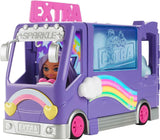 Barbie Extra Mini Mini Doll, Extra Mini Mini Doll med Extra Glitter Touring Van, inklusive Makeup Station och Showtillbehör, Barnpresent, Leksak för åldrarna 3 och uppåt, HKF84