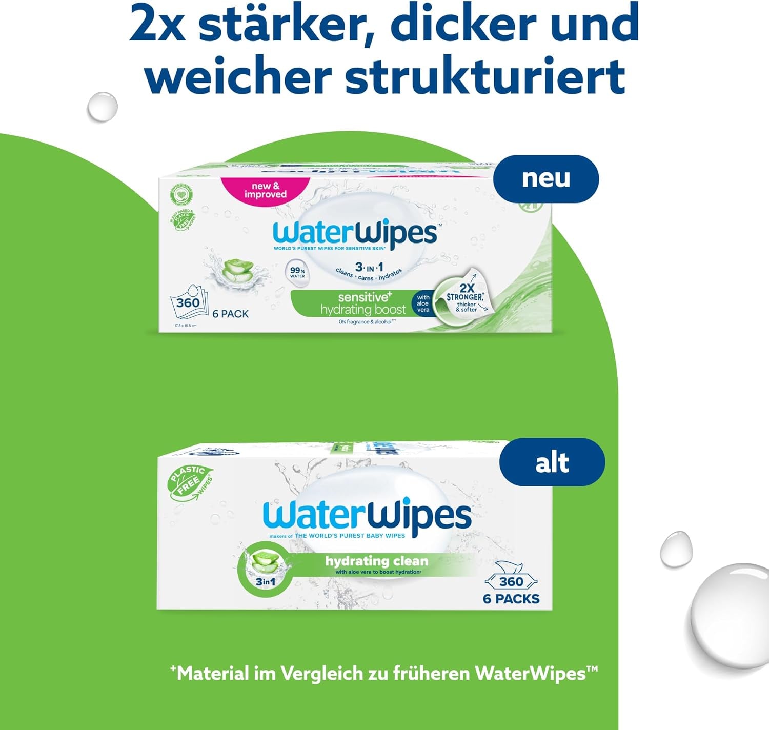 WaterWipes Sensitive+ Hydrating Boost våtservetter, hydratiserande våtservetter, 360 delar (6-pack), 3 i 1 rengöring, vård, hydrat, 99 % aloe vera-vatten, oparfymerade babyservetter
