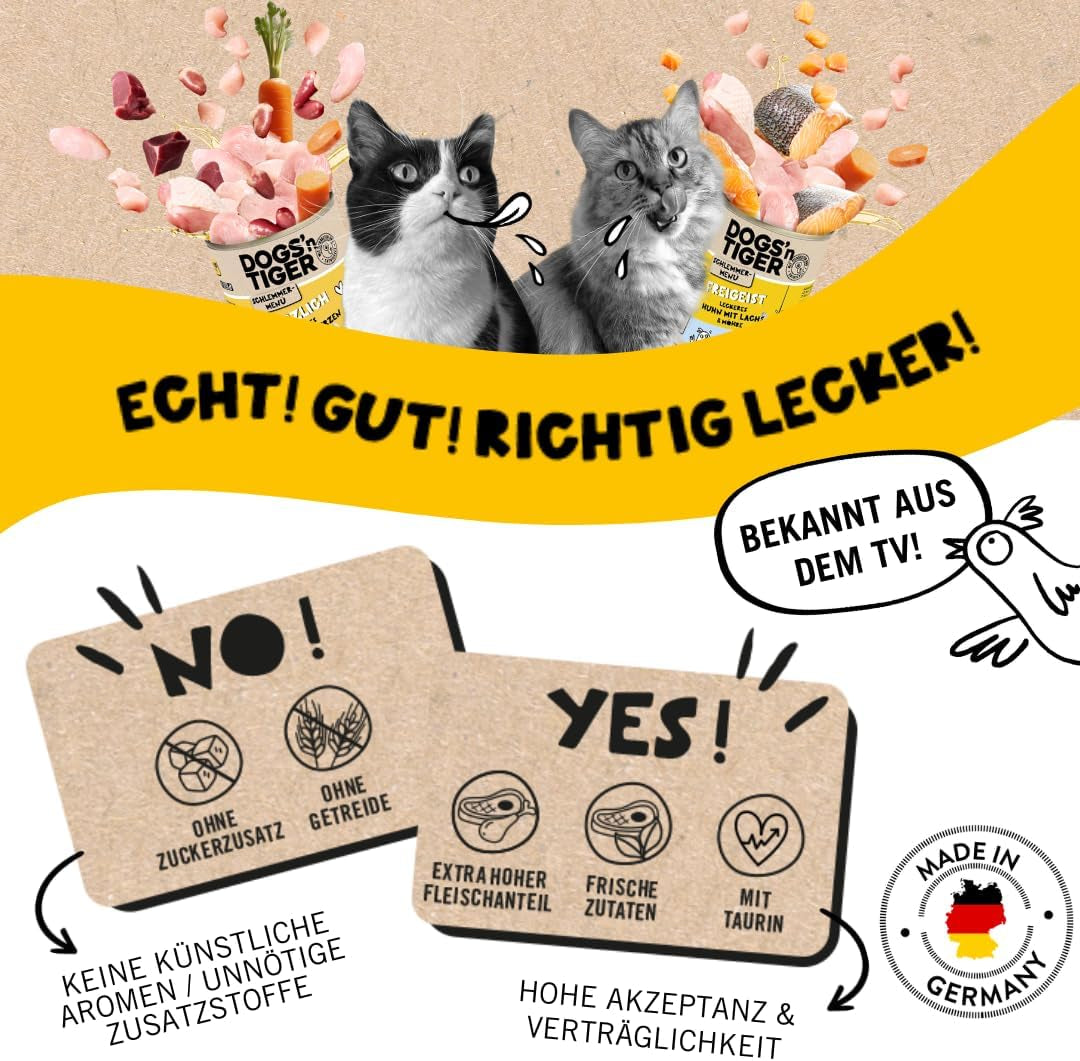 Dogs'n Tiger Schlemmermenü Glückskind, Nassfutter für Kätzchen, saftiges Hun und Forelle - ohne Getreide, Zuckerzusatz, künstliche Konservierungsstoffe, optimal Verträglichkeit, 12x 200g