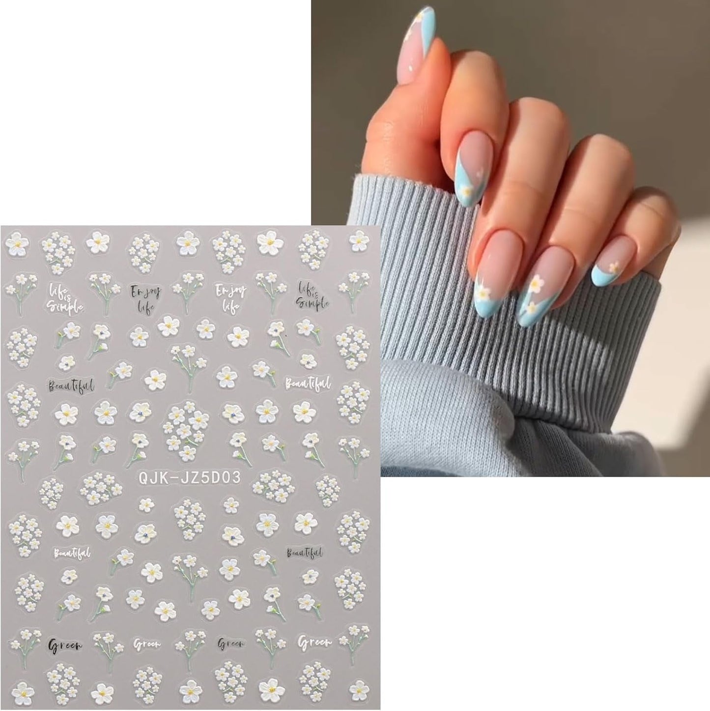 JMEOWIO 3D Nagelsticker Blumen Nail Art Sticker Selbstklebend Nagelaufkleber 5D Stereoskopisk Sommer Frühling Blumen Dekoration Nageldesign Zubehör 4 Blatt