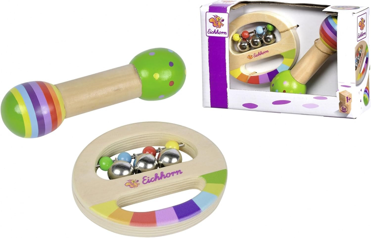Eichhorn - 2-delat musikset, innehåller leksak med klockor och ljudsticka, färgglada trämusikinstrument, från 1 år Babyleksaker Naty Shop