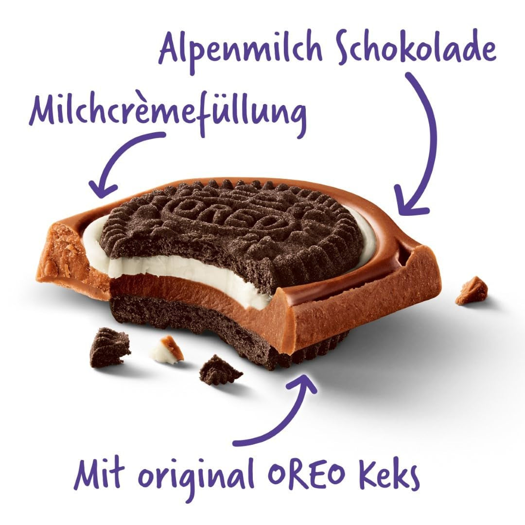 Milka Oreo Sandwich – alpin mjölkchoklad, fylld med knapriga bitar av Oreo-kakor och slät vaniljkräm – 92g
