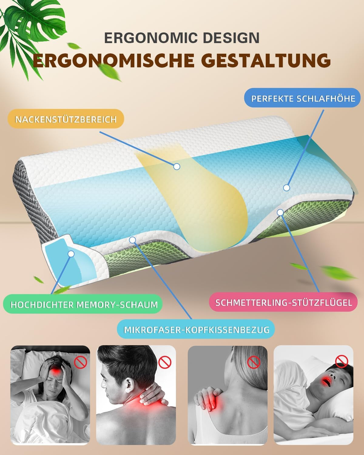 Nacksmärtskudde, ergonomisk ortopedisk nackkudde, sidobaksida buken Memory Foam Kudde, Antisnarkningskudde för män kvinnor (62 * 34,5 * 12/8cm) Cervikala ortopediska kuddar Naty Shop