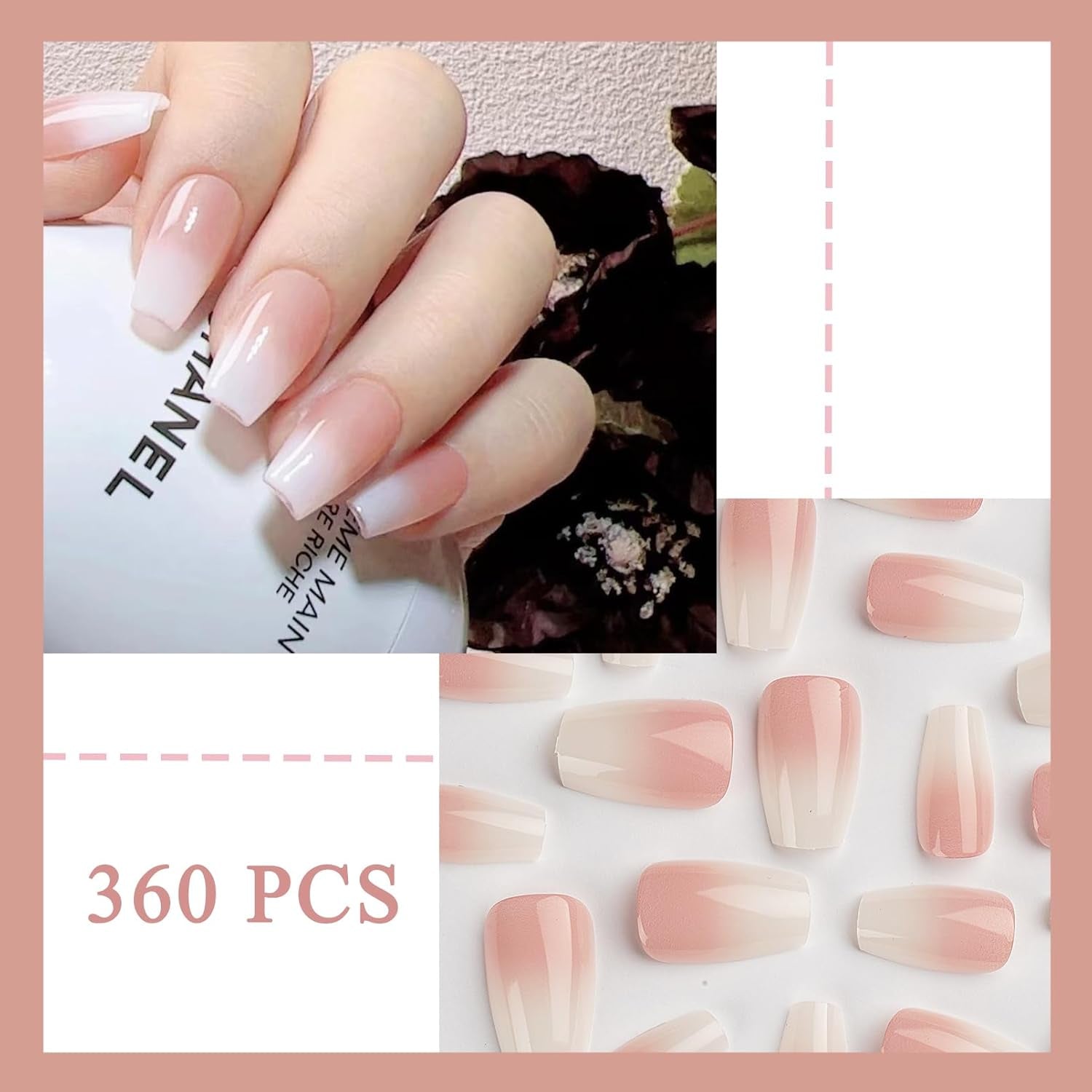 360st Gradient Ballerina False Nails Set, Rosa Vit Gradient Limmade konstgjorda naglar med 2st Nail Oil Pens, Ombre Medium Fake Nails for Women DIY