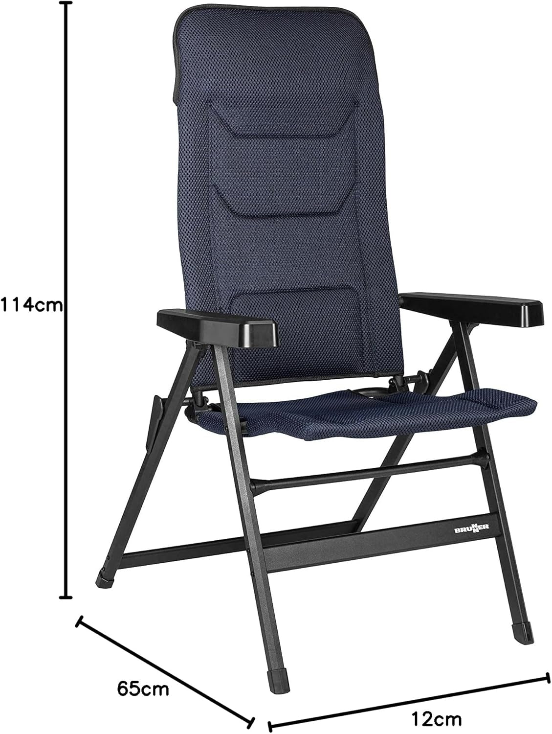 BRUNNER Rebel PRO (S-M-L) Hopfällbar stol för camping, trädgård, uteplats Tillverkad av aluminium, justerbar i 5 lägen, lastkapacitet upp till 150 kg, hög rygg, svarta eller blå Resekuddar Naty Shop