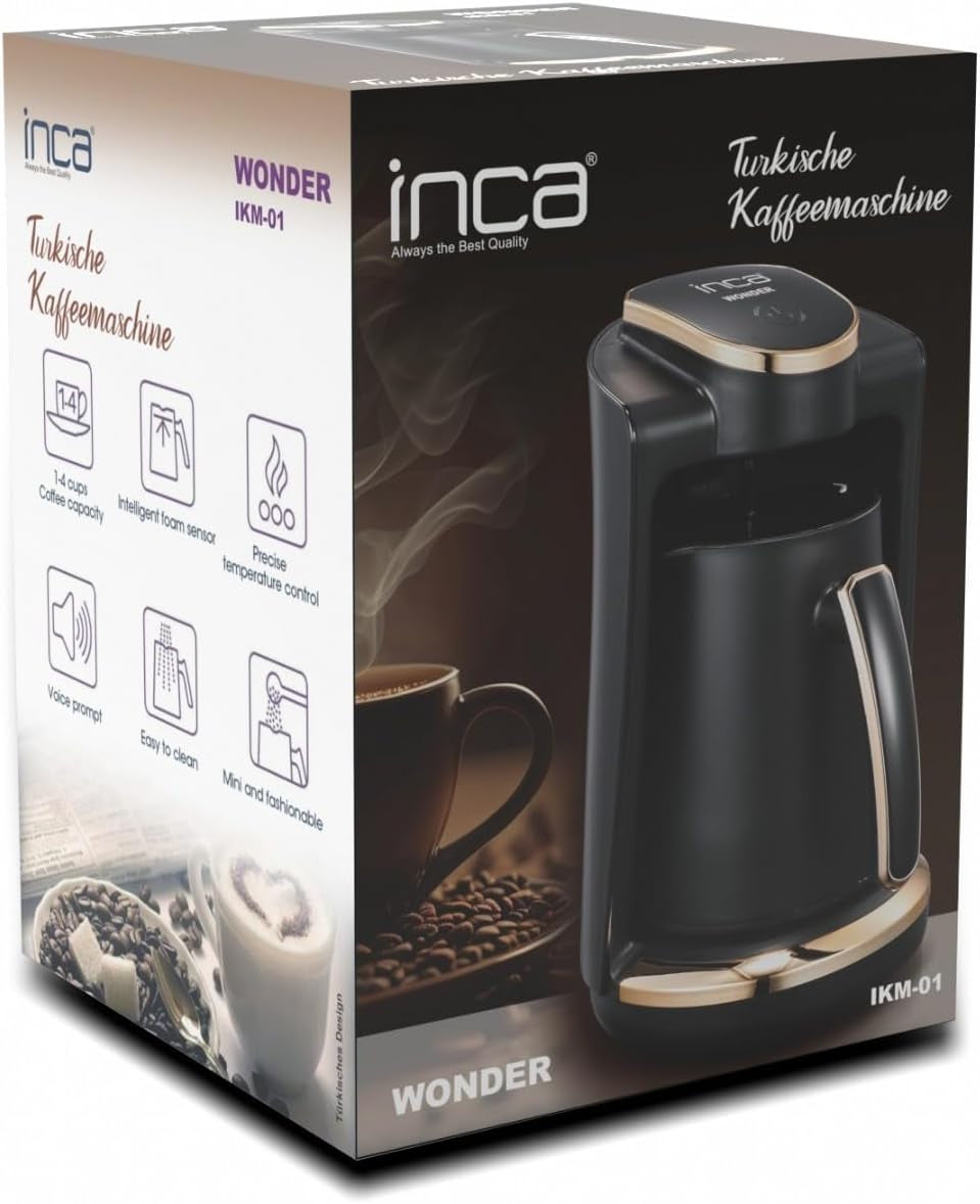 Turkiskt kafé Inca | Türk Kahve Maskiner | 250 ml (1-4 koppar) | 400W | IKM-01 | Skydd mot spill och kokning utan vatten | Värmeplatta i rostfritt stål | Automatisk avstängning | För ett perfekt turkiskt kaffe