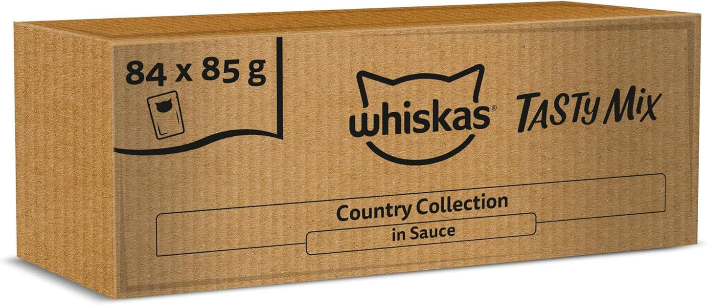 Whiskas våtfoder för vuxna 1+ Tasty Mix Country Collection i sås, 84 påsar, 84 x 85 g (1 bulkförpackning) - Högkvalitativt våtfoder för vuxna katter