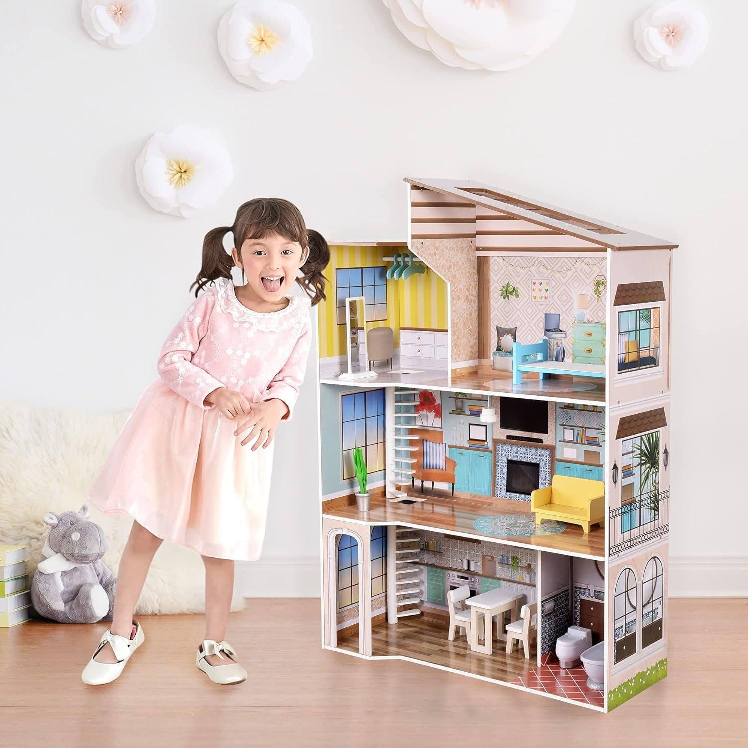 Olivia's Little World Modern medelhavsstil 3-våningars interaktivt dockhus i trä för barn med 17 tillbehör till dockmöbler Flerfärgad TD-13551B