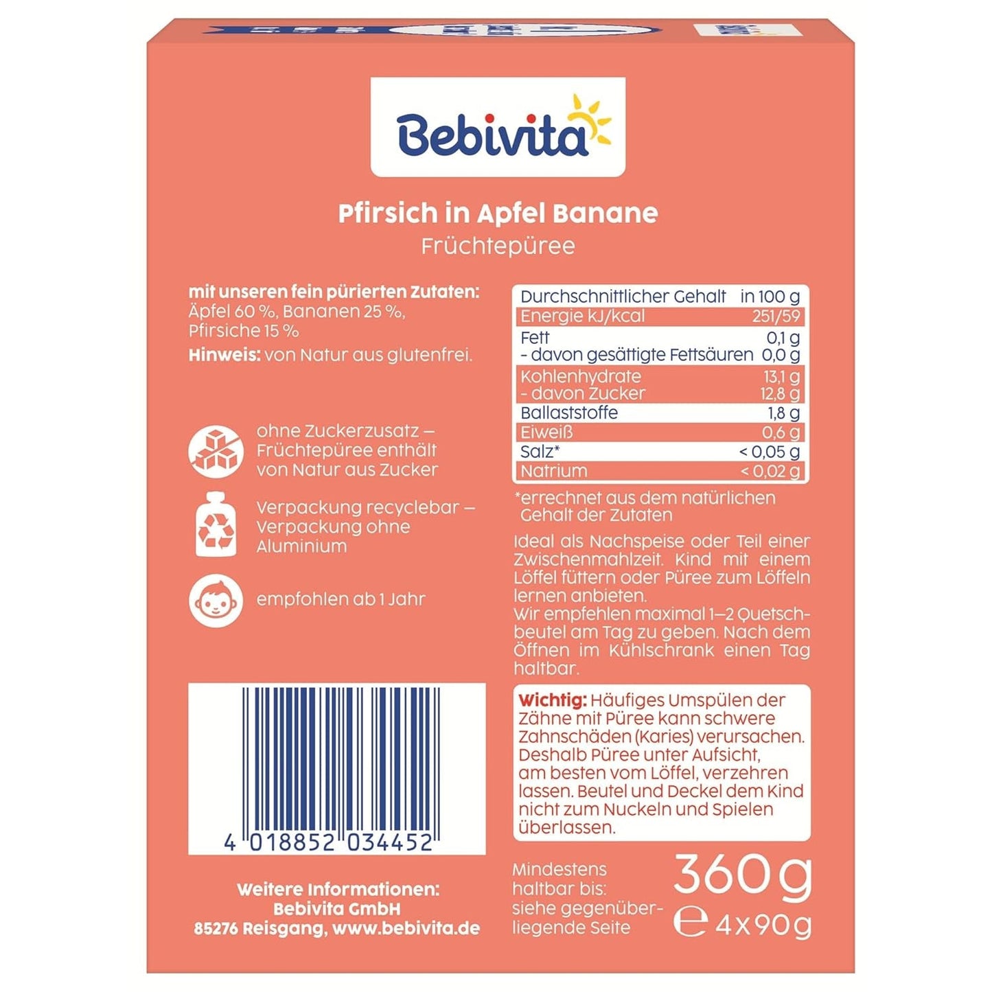 Persika, äpple och banan pressbara påsar - 16 (4-pack, 4 x 90 g vardera), utan tillsatt socker, glutenfri, idealisk för take away-snacks och självkonsumtion