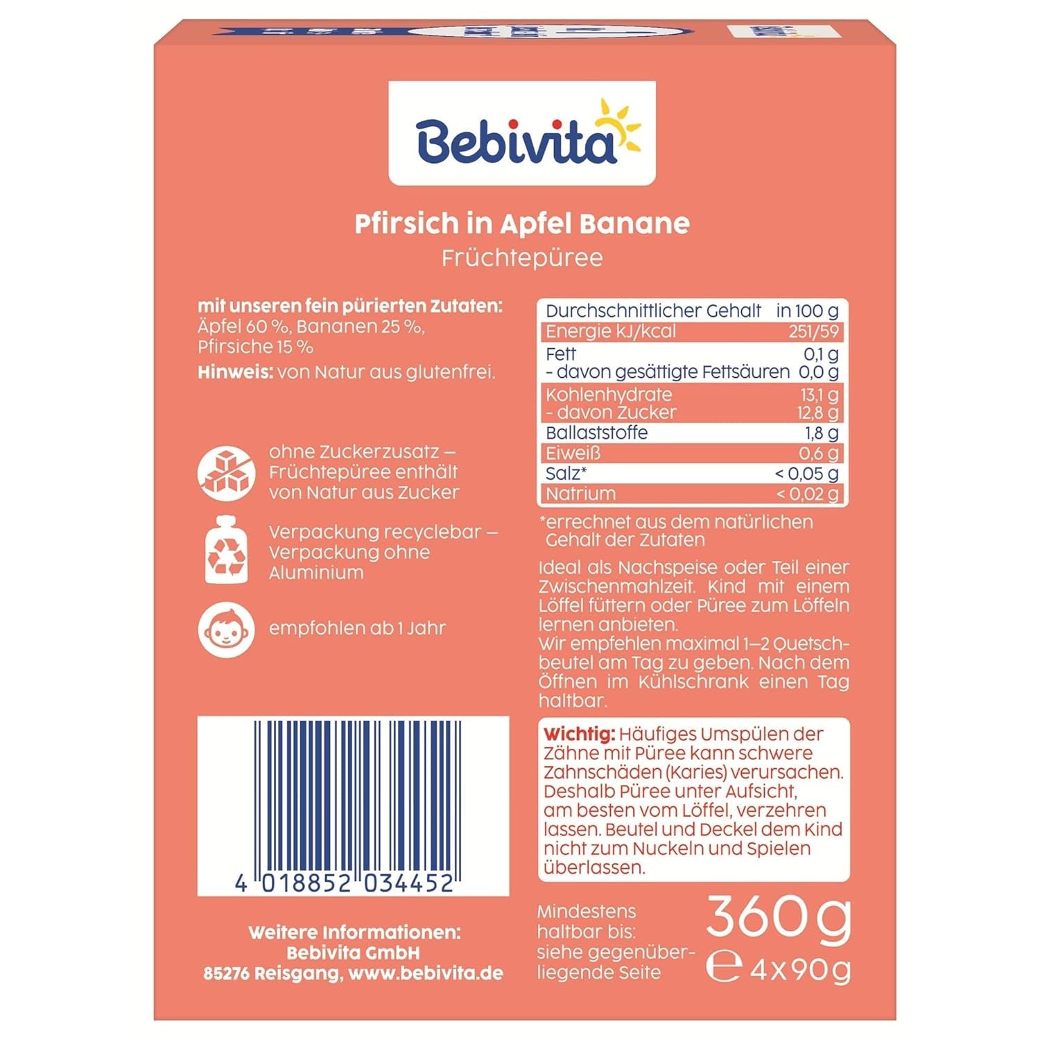 Persika, äpple och banan pressbara påsar - 16 (4-pack, 4 x 90 g vardera), utan tillsatt socker, glutenfri, idealisk för take away-snacks och självkonsumtion