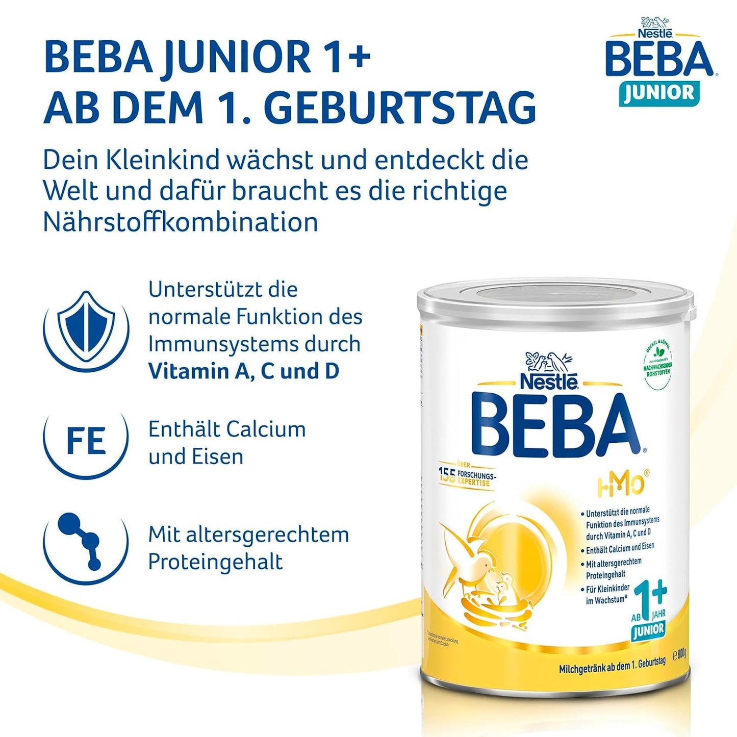 BEBA Junior 1+ mjölkdryck från 1 år, med HMO, åldersanpassat proteininnehåll, endast laktos, ingen palmolja, ingen fiskolja, småbarnsmat, babymjölkspulver, 6 st (6 x 800 g)