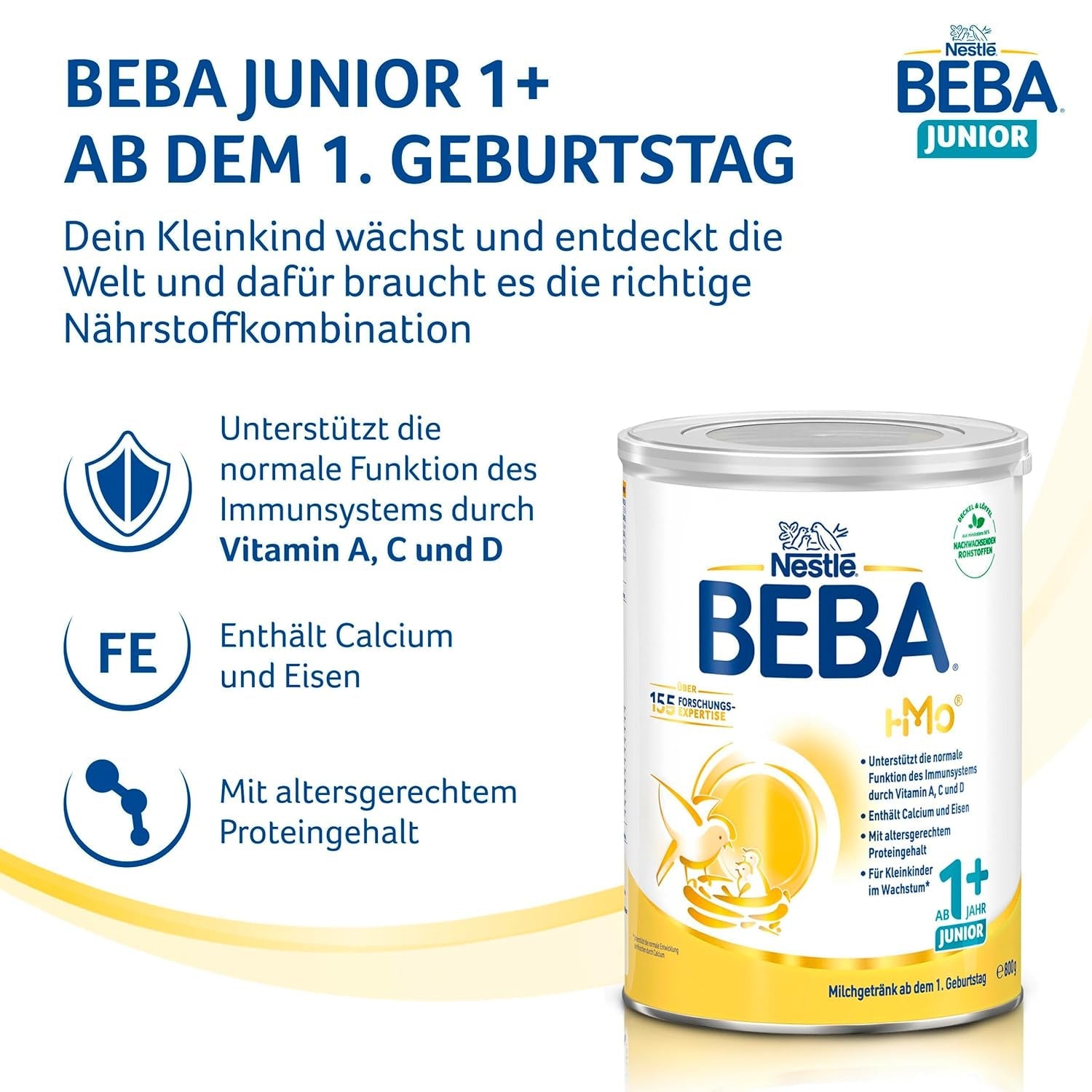 BEBA Junior 1+ mjölkdryck från 1 år, med HMO, åldersanpassat proteininnehåll, endast laktos, ingen palmolja, ingen fiskolja, småbarnsmat, babymjölkspulver, 6 st (6 x 800 g)