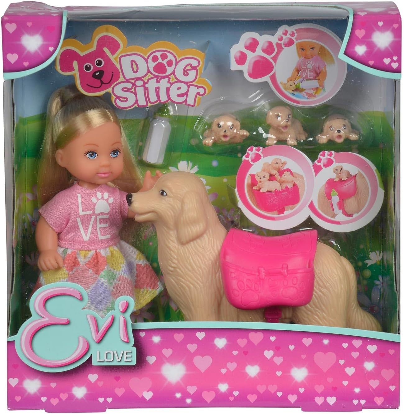 Simba 105733072 - Evi Love Dog Sitter med hund och tre valpar, tillbehör, modedocka, 12 cm, för barn från 3+